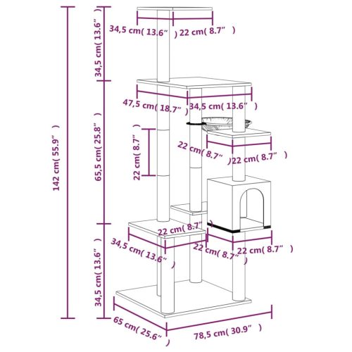  sötétszürke macskabútor szizál kaparófával 142 cm