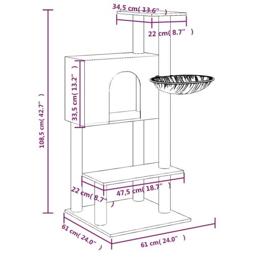  világosszürke macskabútor szizál kaparófákkal 108,5 cm