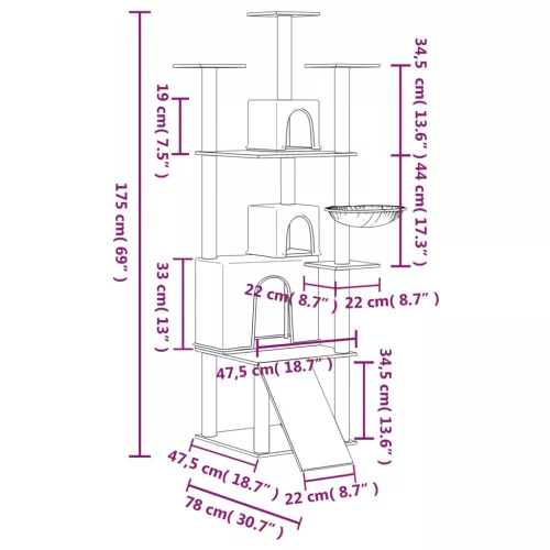  világosszürke macskabútor szizál kaparófákkal 175 cm