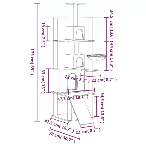  sötétszürke macskabútor szizál kaparóoszlopokkal 175 cm