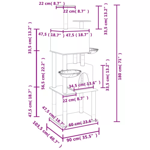  világosszürke macskabútor szizál kaparófákkal 180 cm