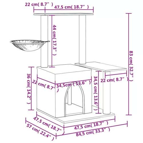  sötétszürke macskabútor szizál kaparófákkal 83 cm