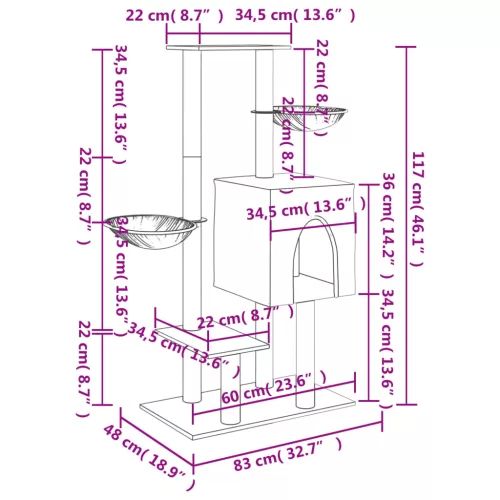  sötétszürke macskabútor szizál kaparófákkal 117 cm
