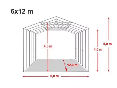 TP Vario 6x12m 4m oldalmagas raktársátor tetőablakkal, bejárat típusa: felhúzható
