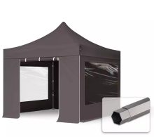   Professional összecsukható sátrak PREMIUM 350g/m2 ponyvával, acélszerkezettel, 4 oldalfallal, panoráma ablakokkal - 3x3m sötétszürke