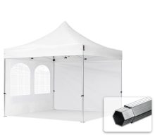   Professional összecsukható sátrak PROFESSIONAL 400g/m2 ponyvával, alumínium szerkezettel, 2 oldalfallal, hagyományos ablakkal - 3x3m fehér