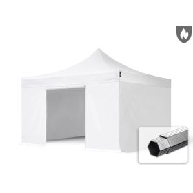   TP 4x4m összecsukható 850N alumínium pavilon, 4 db oldalfallal, ablak nélkül, tűzálló - fehér