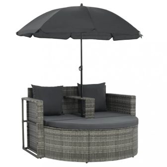 VID szürke kétszemélyes polyrattan kanapé párnákkal és napernyővel