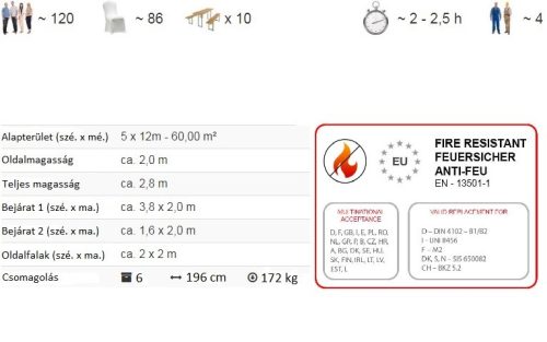 TP 5x12m standard rendezvénysátor, PVC 700 - fehér - tűzálló