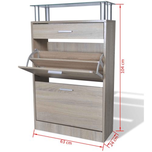  Cipőszekrény fiókkal és üveg felső polccal tölgyfa hatású