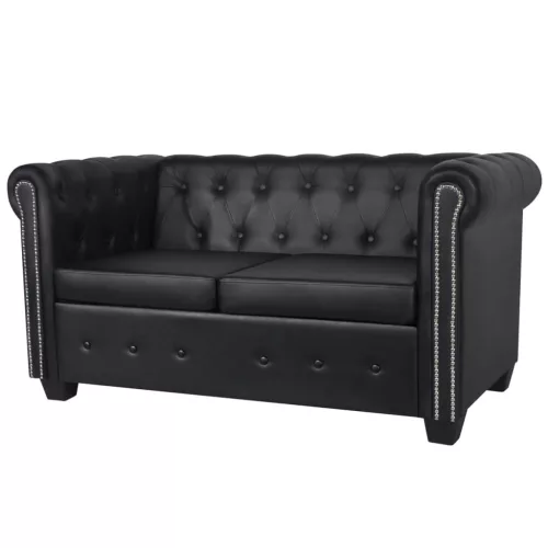  2 személyes fekete műbőr Chesterfield kanapé 