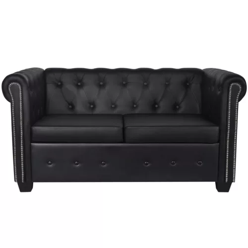  2 személyes fekete műbőr Chesterfield kanapé 