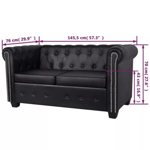  2 személyes fekete műbőr Chesterfield kanapé 