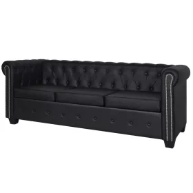  3 személyes fekete műbőr Chesterfield kanapé  