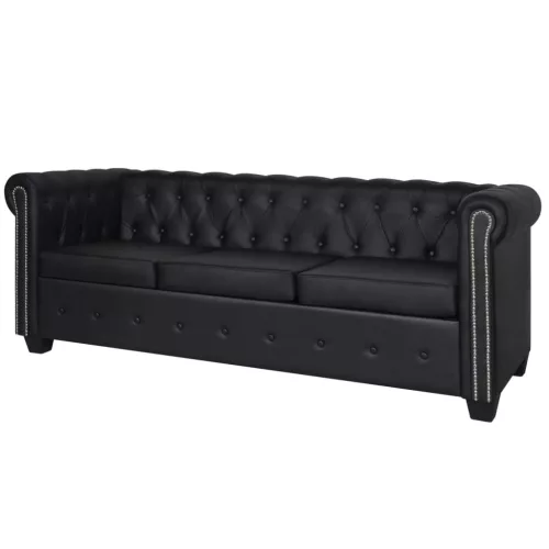  3 személyes fekete műbőr Chesterfield kanapé  