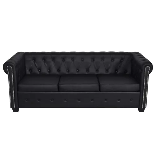  3 személyes fekete műbőr Chesterfield kanapé  