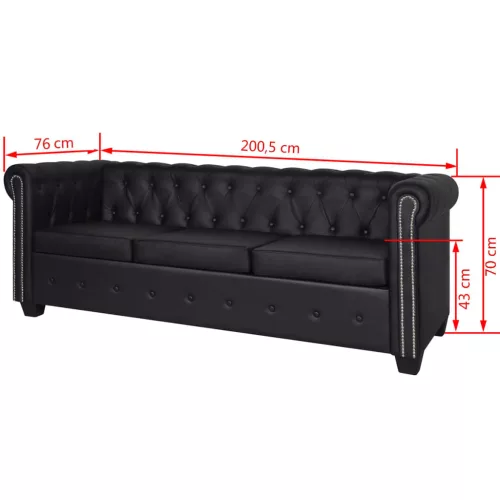 3 személyes fekete műbőr Chesterfield kanapé  