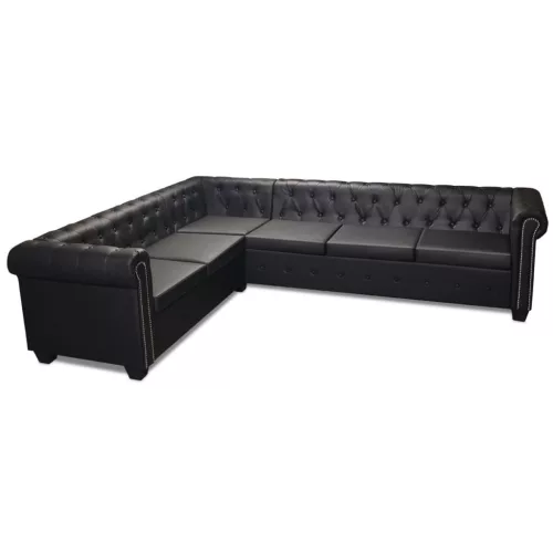  6 személyes fekete műbőr Chesterfield sarok kanapé   