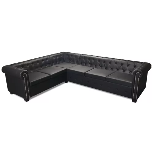  6 személyes fekete műbőr Chesterfield sarok kanapé   