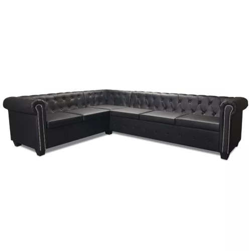  6 személyes fekete műbőr Chesterfield sarok kanapé   