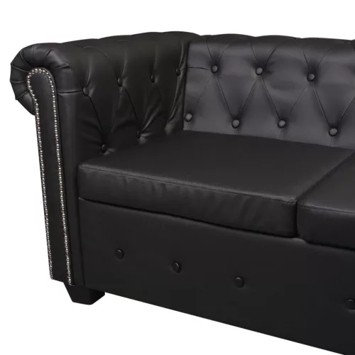  6 személyes fekete műbőr Chesterfield sarok kanapé   