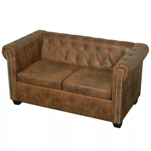  2 személyes barna műbőr Chesterfield kanapé 