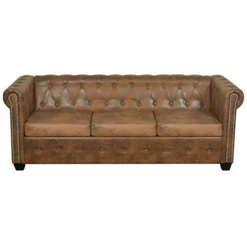  3 személyes barna műbőr Chesterfield kanapé 