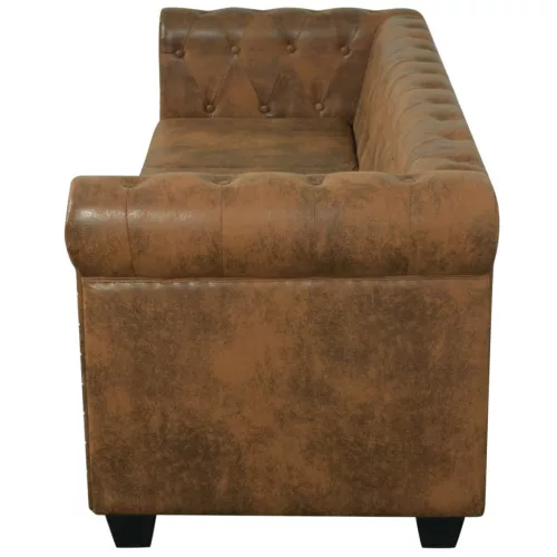  3 személyes barna műbőr Chesterfield kanapé 