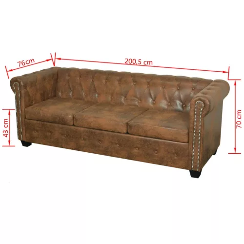  3 személyes barna műbőr Chesterfield kanapé 
