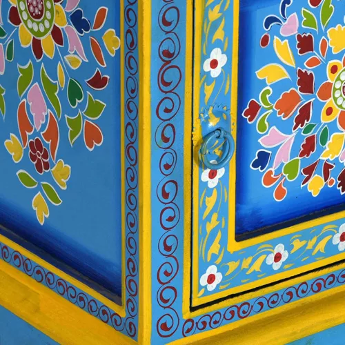  türkiz, kézzel festett, tömör mangófa éjjeliszekrény 