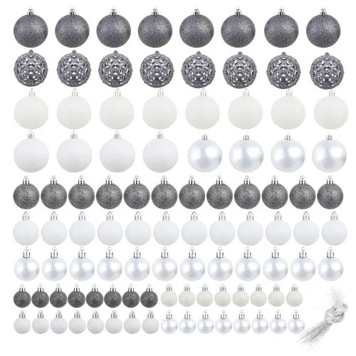  100 darabos fehér/szürke karácsonyi gömb készlet 3/4/6 cm