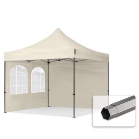   TP 3x3m összecsukható 750N acél vázas pavilon, 2 db oldalfallal, hagyományos ablakkal -  krém