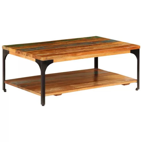  tömör újrahasznosított fa dohányzóasztal polccal 100x60x35 cm