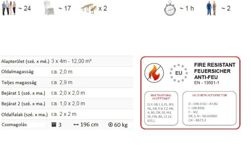 TP 3x4m standard rendezvénysátor, PVC 700 - fehér - tűzálló