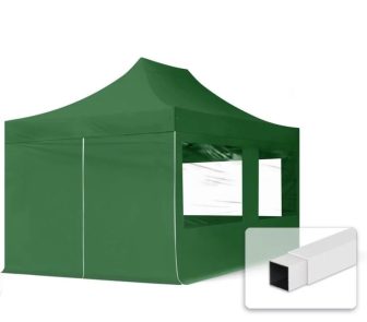 Professional összecsukható sátrak ECO 300g/m2 ponyvával, acélszerkezettel, 4 oldalfallal, panoráma ablakkal - 3x4,5m zöld