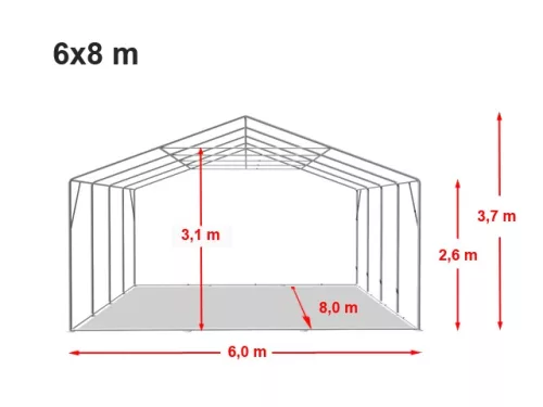 TP Professional 6x8m 2,6m oldalmagas raktársátor nehezen éghető PVC 1400 ponyvával, fehér