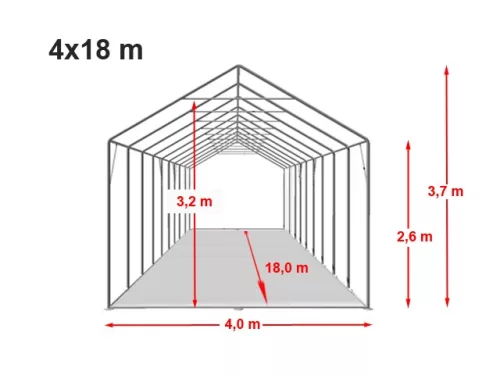 TP Professional 4x18m 2,6m oldalmagas raktársátor PVC 800 ponyvával, fehér
