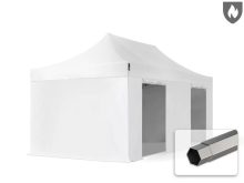   Professional összecsukható sátor PREMIUM 520g/m2 tűzálló ponyvával, acélszerkezettel, 4 oldalfallal, ablak nélkül - 3x6 fehér
