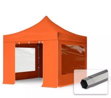   Professional összecsukható sátrak PREMIUM 350g/m2 ponyvával, acélszerkezettel, 4 oldalfallal, panoráma ablakkal - 3x3m narancssárga