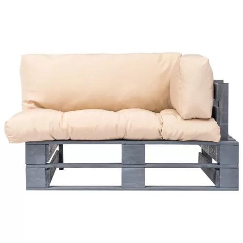  fenyőfa kerti raklapkanapé homokszínű párnákkal