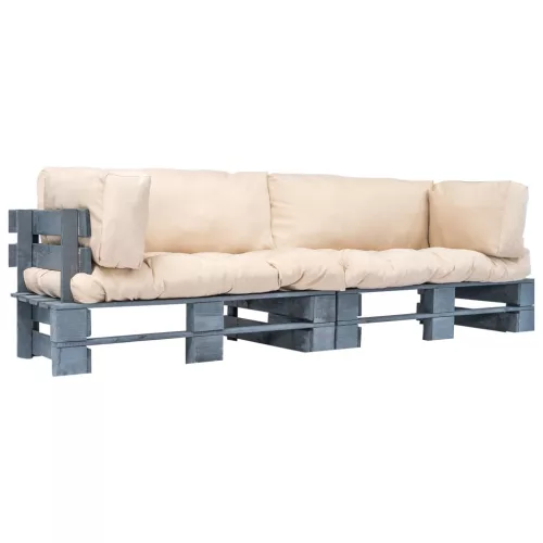  2 részes fenyőfa kerti raklapkanapé homokszínű párnákkal