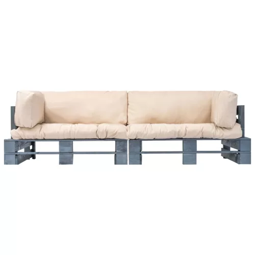  2 részes fenyőfa kerti raklapkanapé homokszínű párnákkal