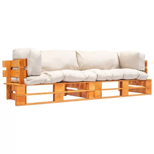  2 részes fenyőfa kerti raklapkanapé homokszínű párnákkal