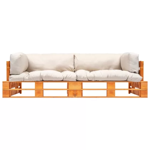  2 részes fenyőfa kerti raklapkanapé homokszínű párnákkal