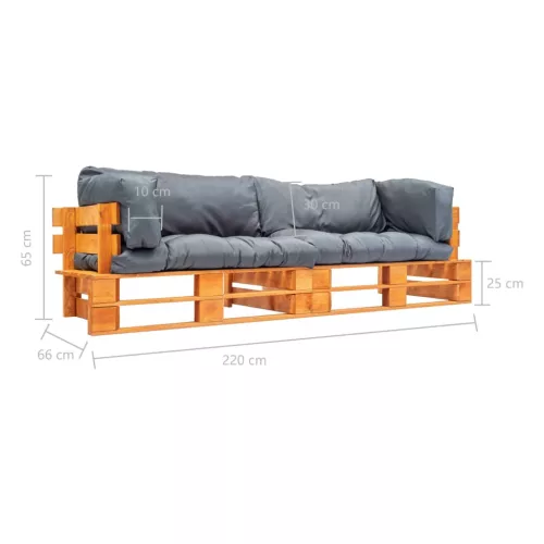  2 részes fenyőfa kerti raklapkanapé szürke párnákkal