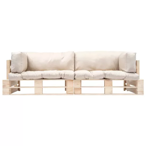  2 részes fenyőfa kerti raklapkanapé homokszínű párnákkal