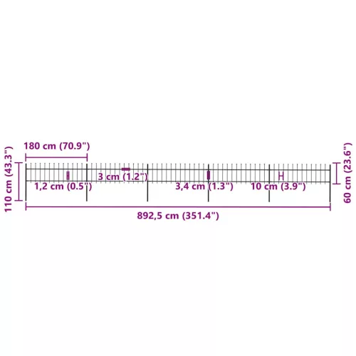  fekete lándzsahegyes tetejű kerti acélkerítés 8,5 x 0,6 m