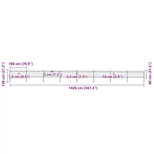  fekete hajlított tetejű acélkerítés 13,6 x 0,8 m