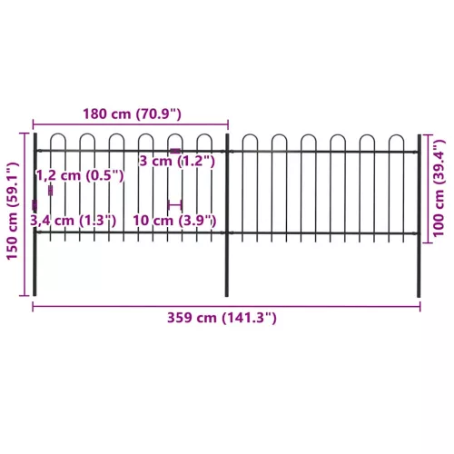  fekete hajlított tetejű acélkerítés 3,4 x 1 m 