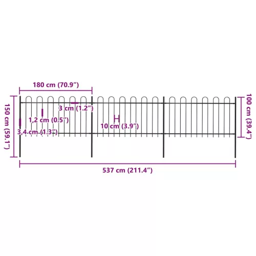  fekete hajlított tetejű acélkerítés 5,1 x 1 m 